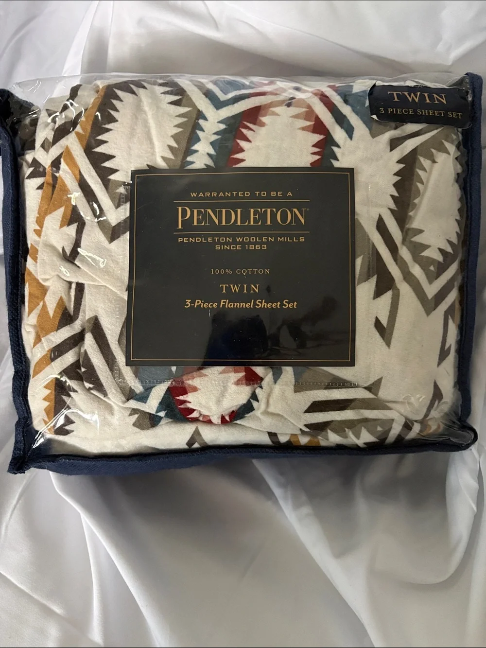 Pendleton Twin Flannel Sheet Set in White with Brown, Blue, Red & Gold Pattern